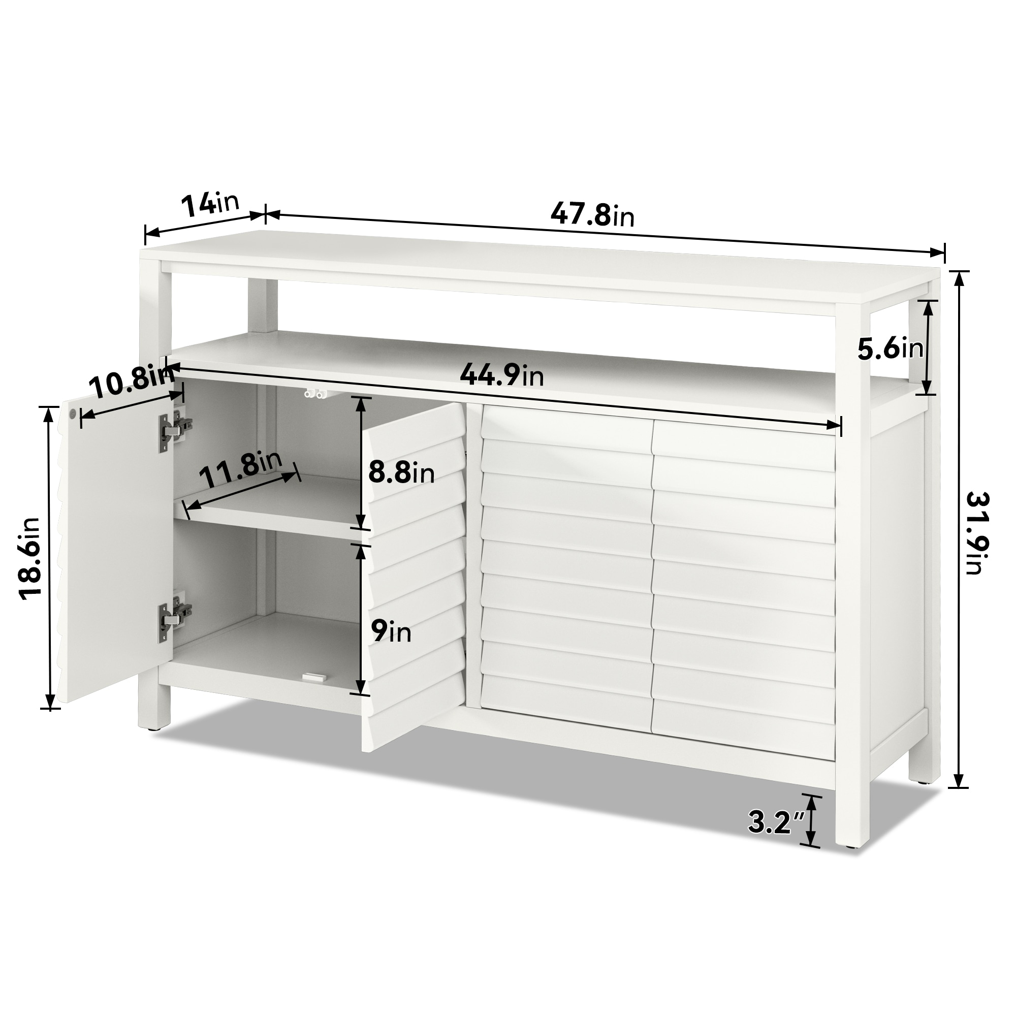 Home Office Cabinet With 4 Doors&Shelves, Accent Storage Cabinet With Decorative Louvered Doors, White Credenza Storage Cabinet For Living Room, Hallway, Kitchen, Dining Room_voghion.com